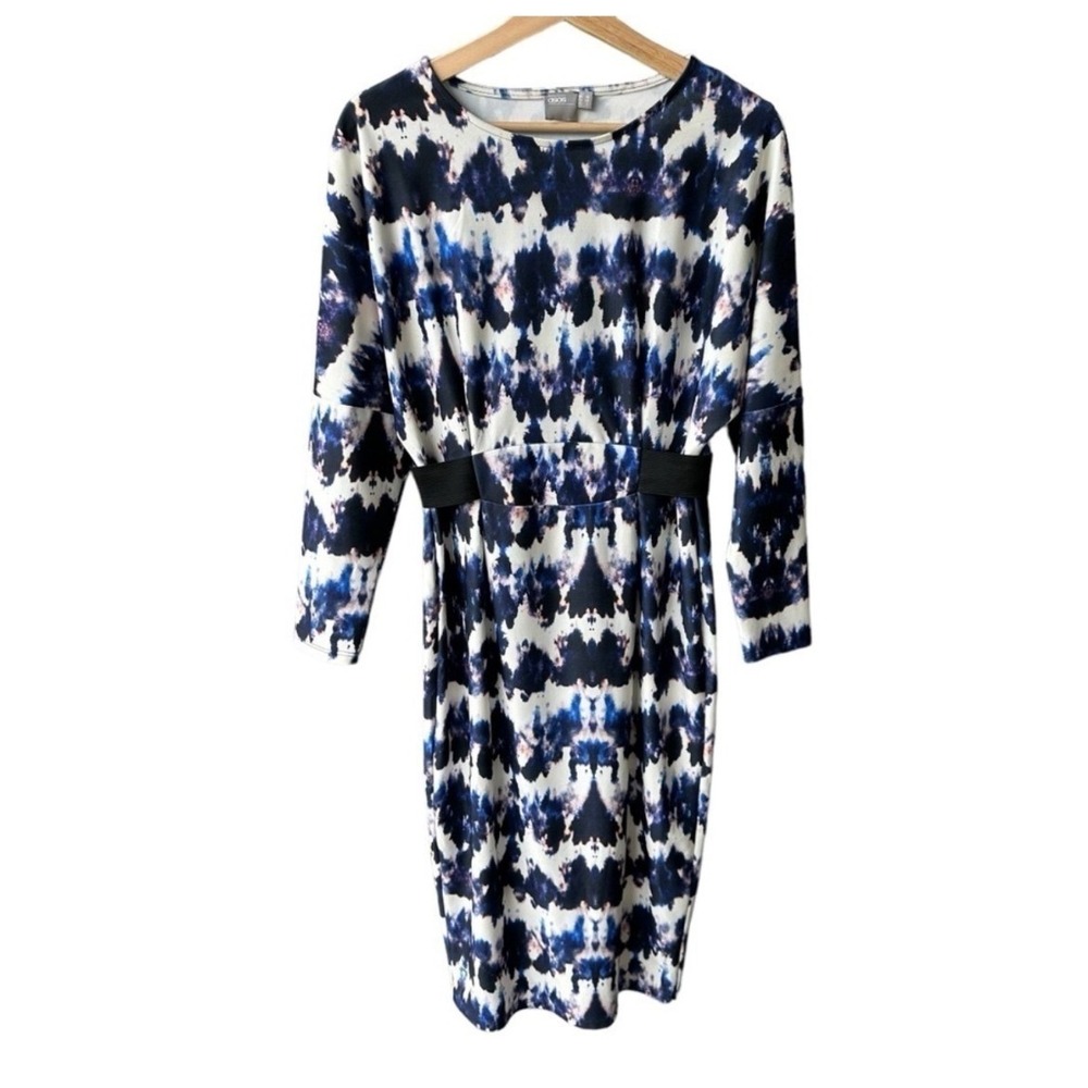 ASOS Dress Blue Abstract Tie Dye Long Sleeve Bodycon Midi Formal Wedding Size 6